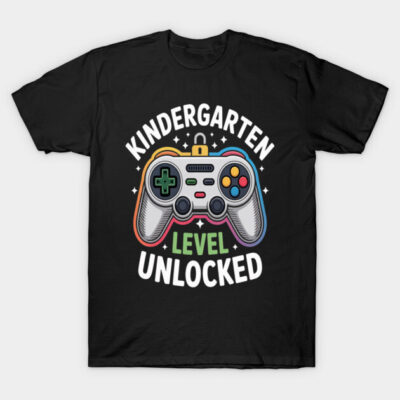 Black t-shirt with colorful game controller design and "Kindergarten Level Unlocked" text for kids.