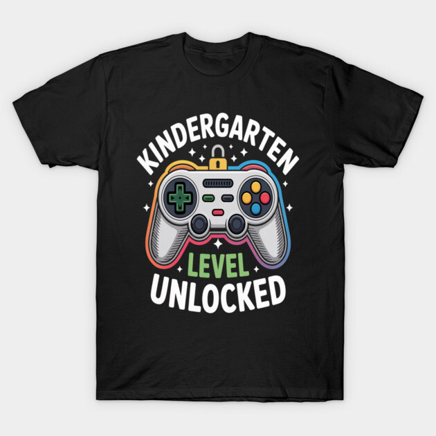 Black t-shirt with colorful game controller design and "Kindergarten Level Unlocked" text for kids.