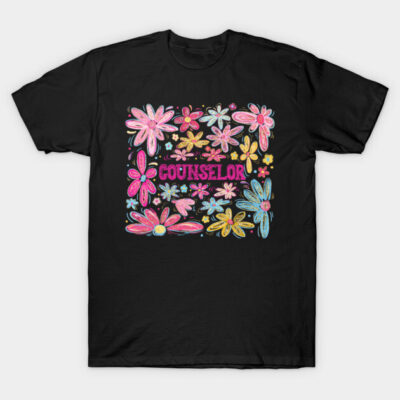 Black T-shirt with colorful floral design and "Counselor" text, casual style, perfect for everyday wear.