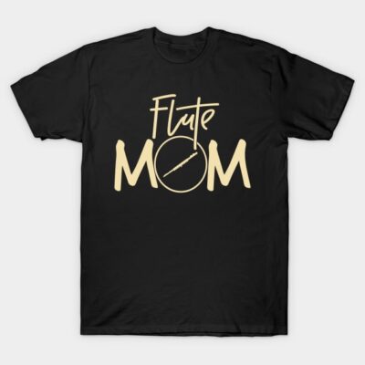 Black "Flute Mom" T-shirt with beige text, casual style, ideal for music enthusiasts, 100% cotton material.
