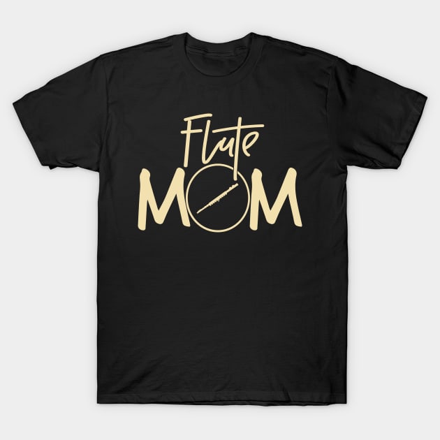 Black "Flute Mom" T-shirt with beige text, casual style, ideal for music enthusiasts, 100% cotton material.