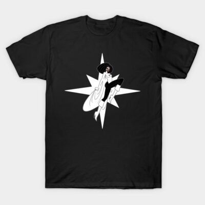 Black cotton t-shirt featuring a stylized graphic design with white starburst background, ideal for casual wear.