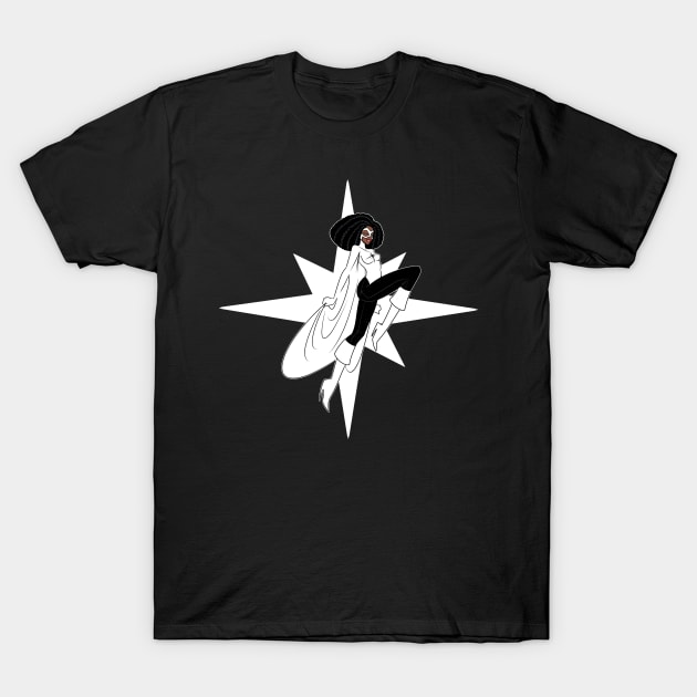 Black cotton t-shirt featuring a stylized graphic design with white starburst background, ideal for casual wear.