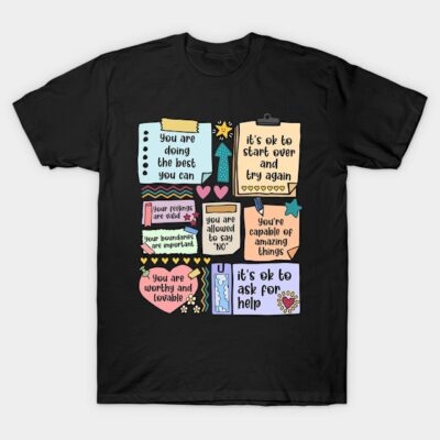 Black motivational graphic T-shirt with colorful positive quotes, casual style, cotton material, unisex design.