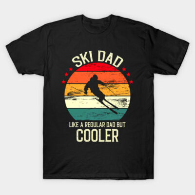 Black "Ski Dad" T-shirt with vintage ski graphic and text, ideal for skiing enthusiasts, cotton material.