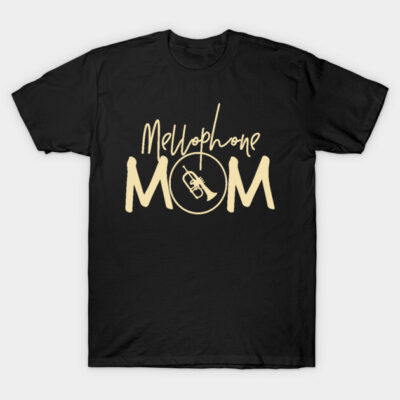 Black "Mellophone Mom" T-shirt, beige print, casual style, soft cotton fabric, perfect for music enthusiasts.