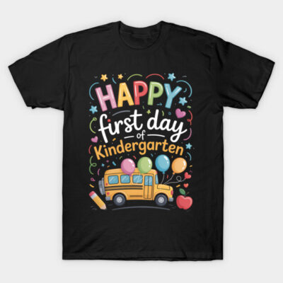 Black t-shirt with "Happy First Day of Kindergarten" colorful design, featuring balloons and school bus illustration.