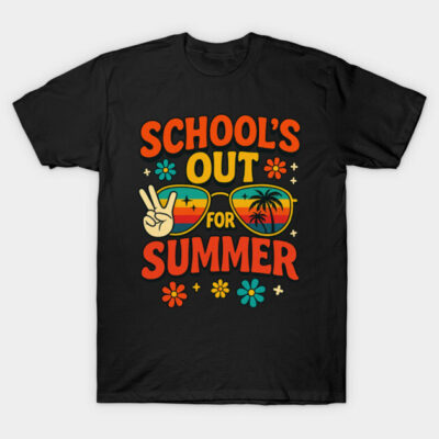 Black "School's Out for Summer" T-shirt with colorful sunglasses and floral design, casual summer wear.