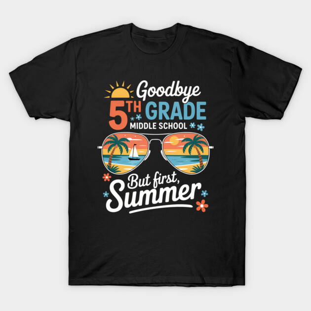 Black "Goodbye 5th Grade" T-shirt with summer-themed sunglasses graphic, perfect for students transitioning to middle school.