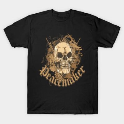 Black graphic t-shirt featuring a skull and "Peacemaker" text, ideal for casual wear, cotton material.