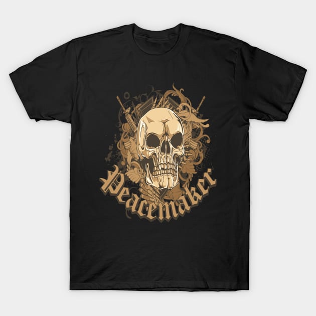 Black graphic t-shirt featuring a skull and "Peacemaker" text, ideal for casual wear, cotton material.