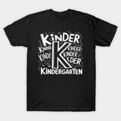 Black T-shirt with "Kindergarten" text design, casual style, perfect for school events and everyday wear.