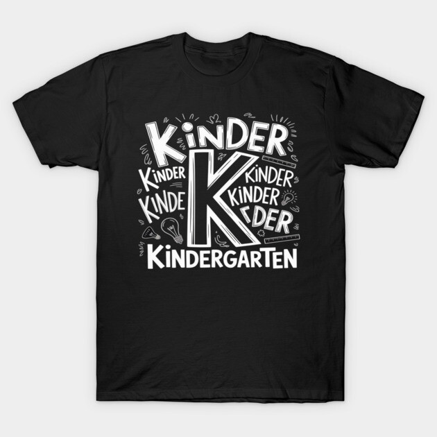 Black T-shirt with "Kindergarten" text design, casual style, perfect for school events and everyday wear.
