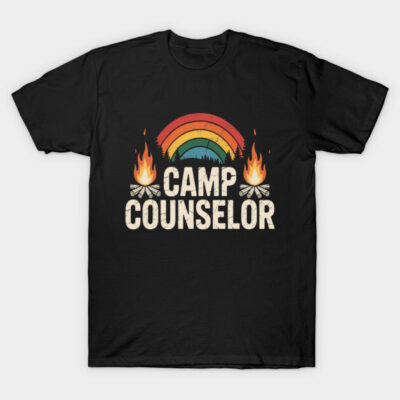 Black "Camp Counselor" T-shirt with rainbow and campfire design, perfect for outdoor enthusiasts, cotton material.