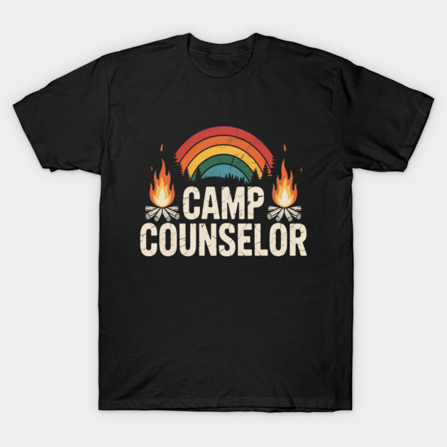 Black "Camp Counselor" T-shirt with rainbow and campfire design, perfect for outdoor enthusiasts, cotton material.