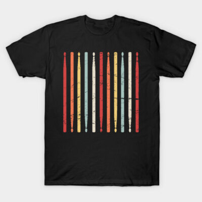 Black T-shirt with colorful vintage drumsticks pattern, casual style, cotton material, perfect for music enthusiasts.