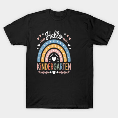 Black t-shirt with colorful "Hello Kindergarten" rainbow design, ideal for school wear, comfortable cotton material.