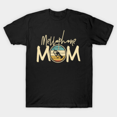 Black "Mellophone Mom" T-shirt with retro design, ideal for music lovers. Casual wear, cotton material.