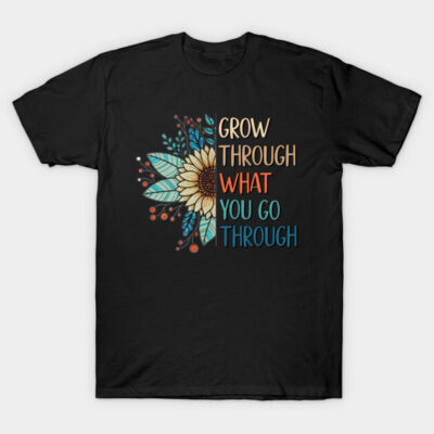 Black t-shirt with colorful sunflower design and motivational text, perfect for casual wear. Cotton material.