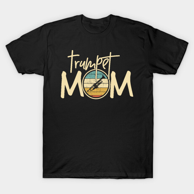 Black "Trumpet Mom" T-shirt with retro design, perfect for music lovers. Soft cotton, casual fit, ideal gift.