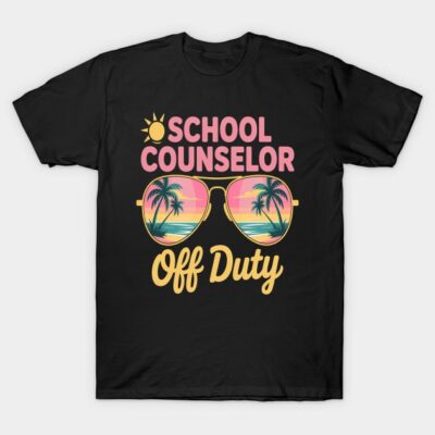Black "School Counselor Off Duty" t-shirt with colorful sunglasses design, casual cotton apparel for leisure wear.