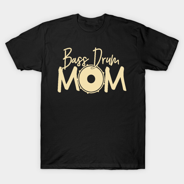 Black "Bass Drum Mom" T-shirt, beige text, casual style, perfect for music lovers, soft cotton material.