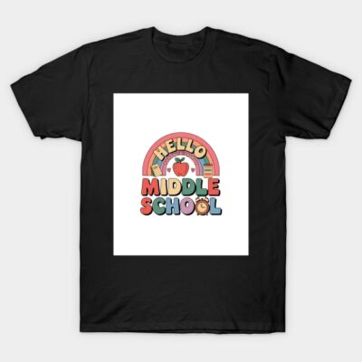 "Black t-shirt with 'Hello Middle School' colorful print, casual style, cotton material, perfect for schoolwear."