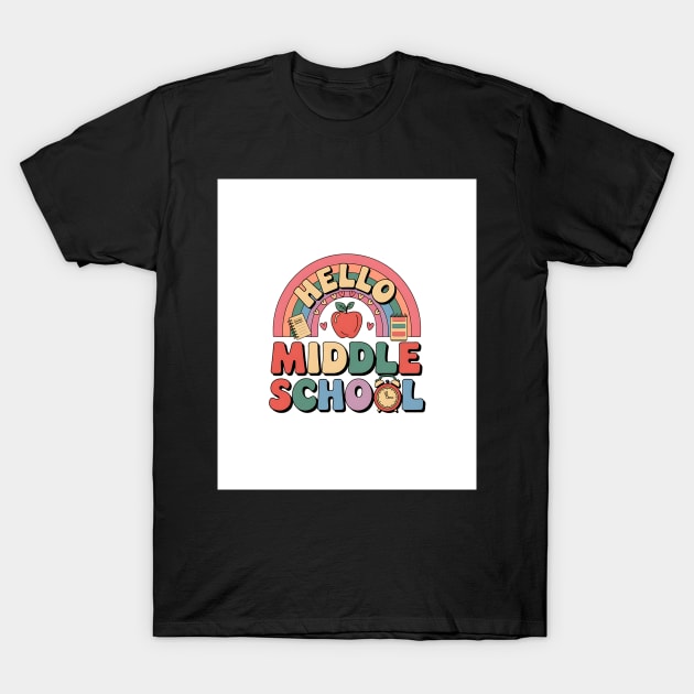 "Black t-shirt with 'Hello Middle School' colorful print, casual style, cotton material, perfect for schoolwear."