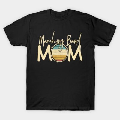 Black "Marching Band Mom" T-shirt with retro drum graphic, perfect for casual wear or band events. Cotton material.