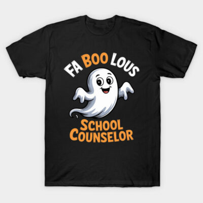 Black T-shirt with "Fa Boo Lous School Counselor" ghost graphic. Perfect for Halloween or casual wear. Cotton material.