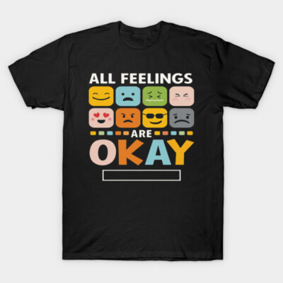 Black t-shirt with "All Feelings Are Okay" text and colorful emojis, casual style, cotton material, unisex design.