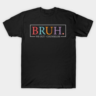 Black t-shirt with colorful "BRUH" text, casual style, ideal for everyday wear, cotton material for comfort.