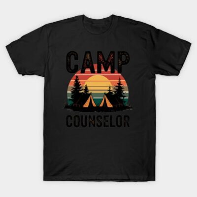 Black "Camp Counselor" T-shirt with sunset and tent design, casual outdoors style, ideal for camping enthusiasts.
