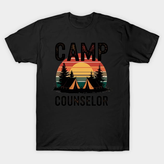 Black "Camp Counselor" T-shirt with sunset and tent design, casual outdoors style, ideal for camping enthusiasts.