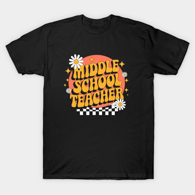 Black "Middle School Teacher" t-shirt with retro design, featuring daisies and checkered pattern, ideal for casual wear.