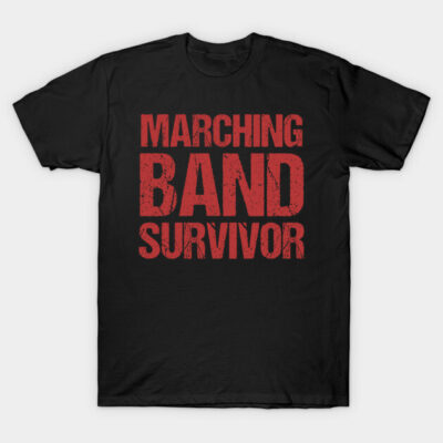 Black T-shirt with "Marching Band Survivor" red text, casual style, cotton material, perfect for music enthusiasts.
