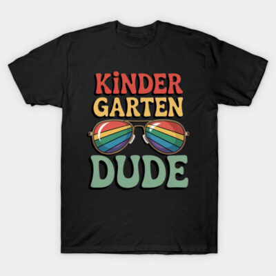 Black "Kindergarten Dude" T-shirt with colorful text and sunglasses graphic, casual style, cotton material.