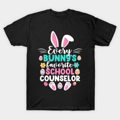 Black t-shirt with colorful Easter-themed "Every Bunny's Favorite School Counselor" graphic design.