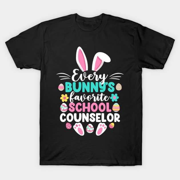 Black t-shirt with colorful Easter-themed "Every Bunny's Favorite School Counselor" graphic design.