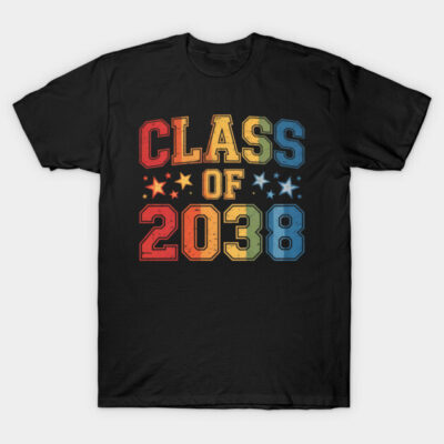 Black "Class of 2038" T-shirt with colorful lettering and star designs, perfect for graduates.