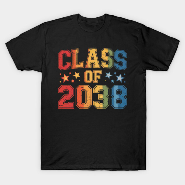 Black "Class of 2038" T-shirt with colorful lettering and star designs, perfect for graduates.