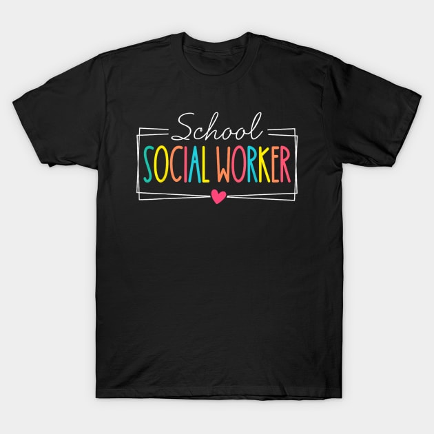Black "School Social Worker" T-shirt with colorful text, casual style, cotton material, ideal for educational professionals.