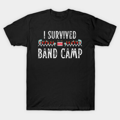 Black "I Survived Band Camp" t-shirt, graphic print, short-sleeve, casual wear, 100% cotton.