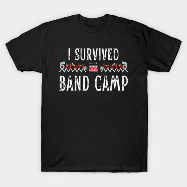 Black "I Survived Band Camp" t-shirt, graphic print, short-sleeve, casual wear, 100% cotton.