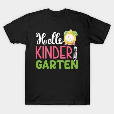 Black "Hello Kindergarten" T-shirt with colorful text, perfect for back-to-school. Cotton fabric, casual style.