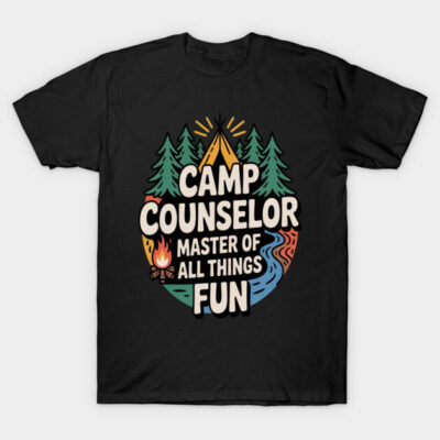 Black camp counselor t-shirt with colorful graphic design, featuring trees and a tent, ideal for outdoor enthusiasts.