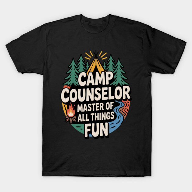Black camp counselor t-shirt with colorful graphic design, featuring trees and a tent, ideal for outdoor enthusiasts.