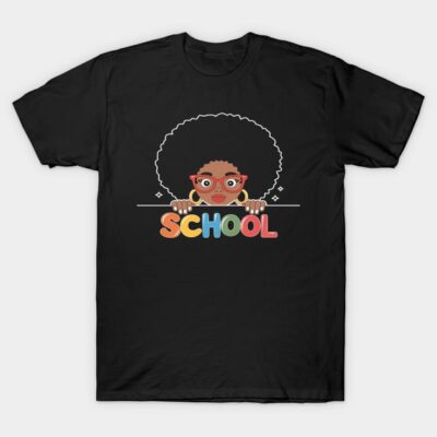 Black t-shirt with colorful "School" text and cartoon character graphic, casual wear, cotton material.