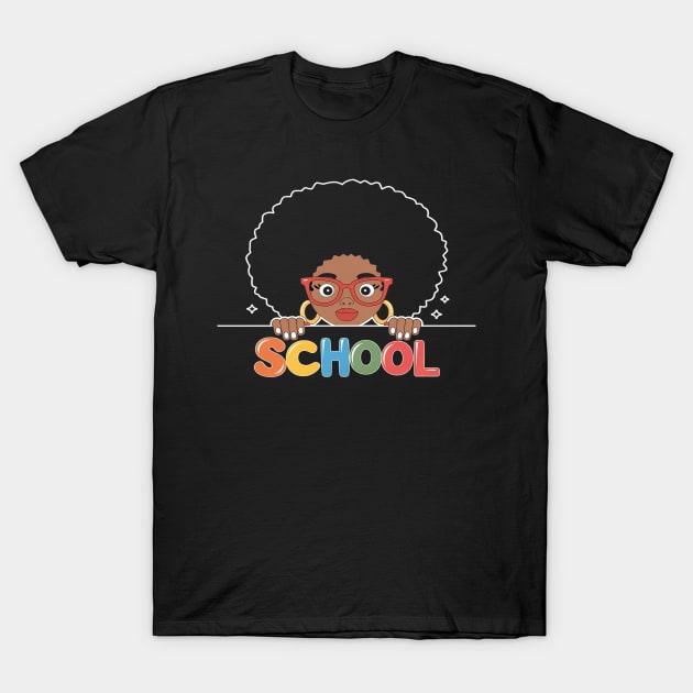 Black t-shirt with colorful "School" text and cartoon character graphic, casual wear, cotton material.