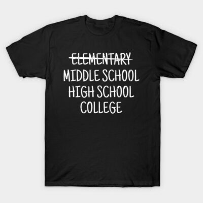 Black unisex t-shirt with humorous education progression text design in bold white font, casual wear.